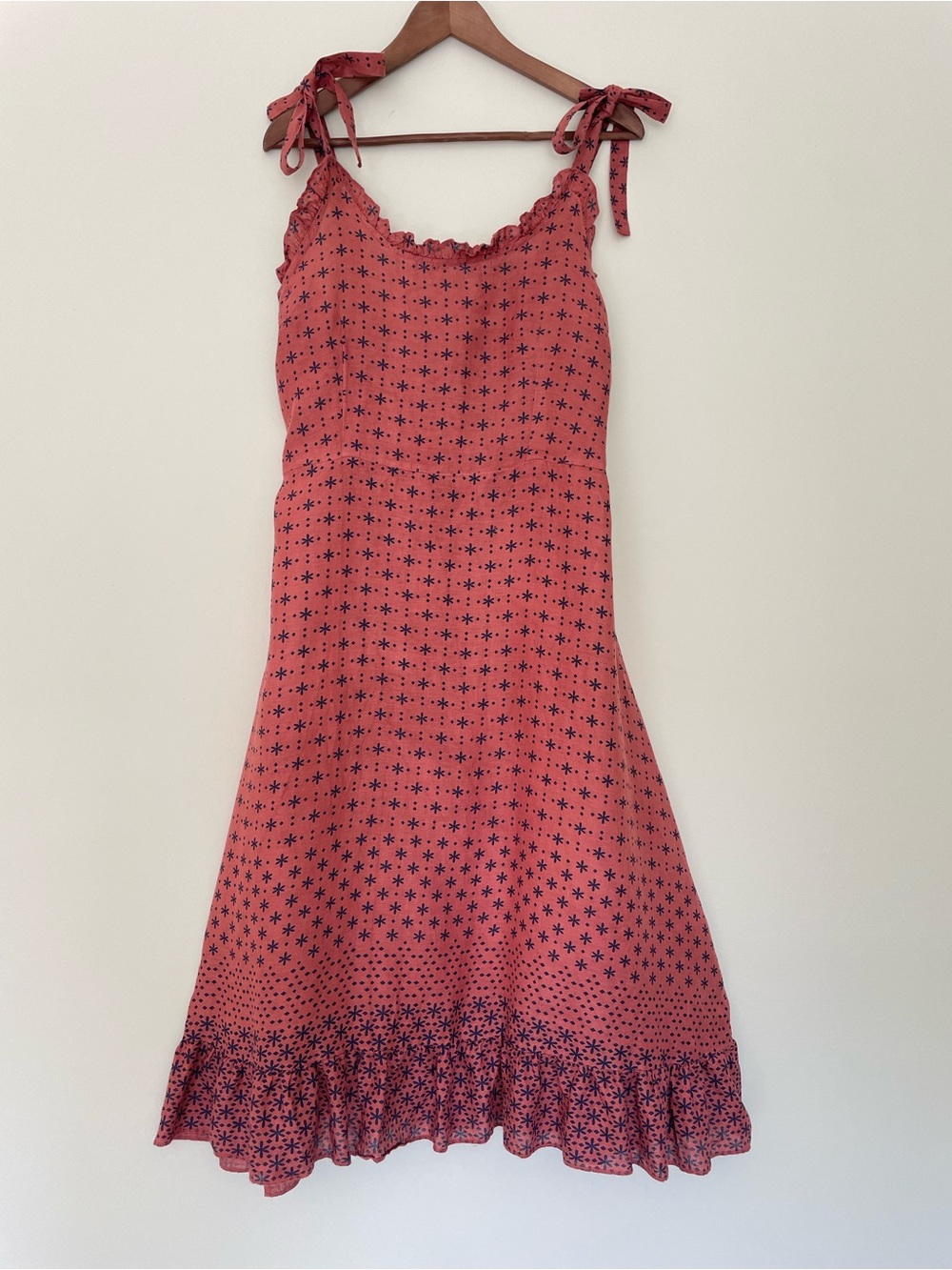 Valentina Naldi Linen Dress L Made in Italy Coral Floral Ruffle Midi
